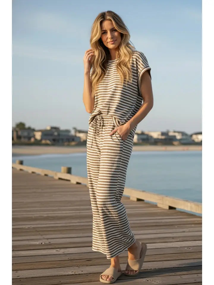 Taupe and Cream Striped Rib Top and Pants Set