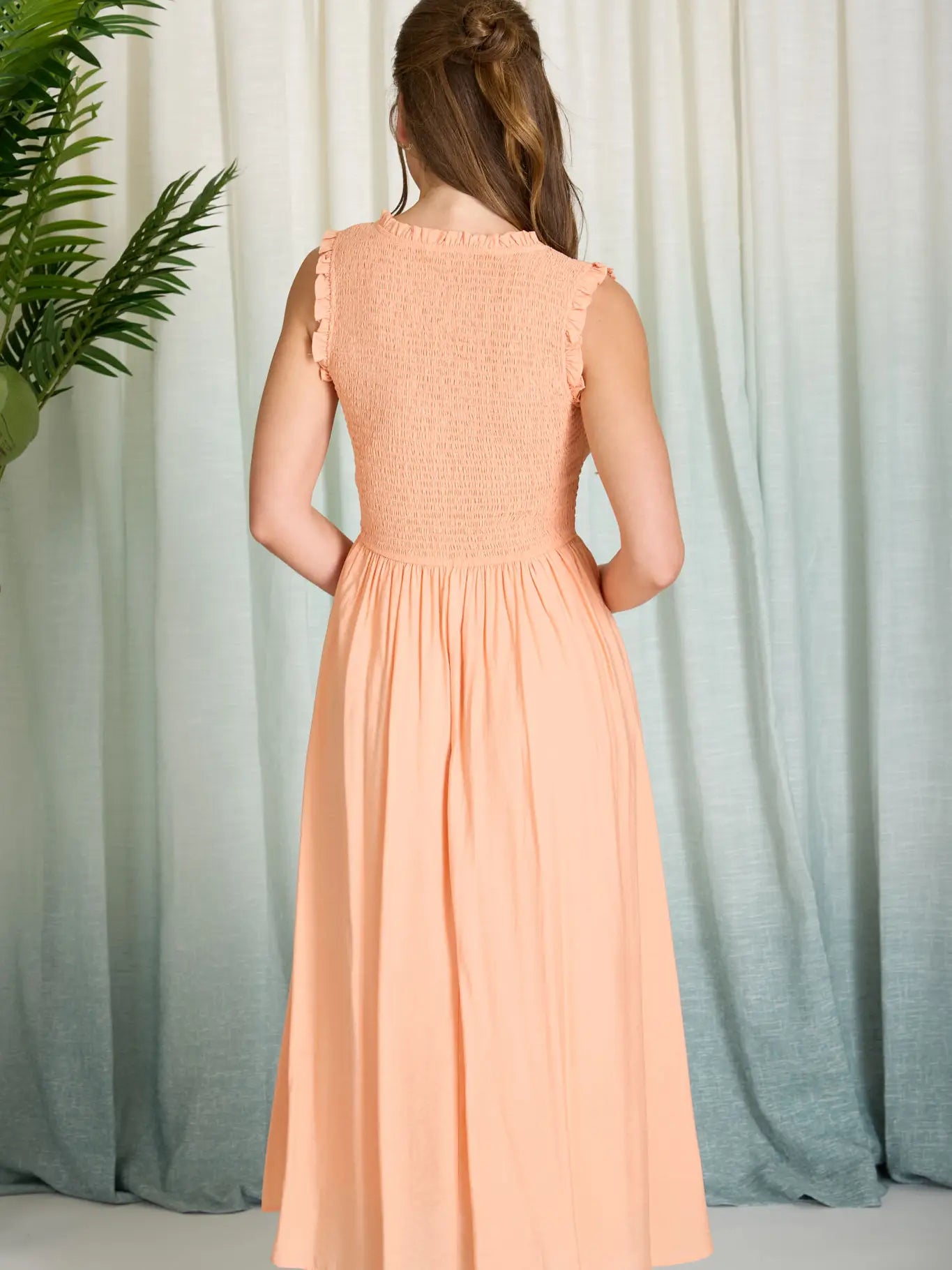 Peach Sweetheart Smocked Mock Button Midi Dress
