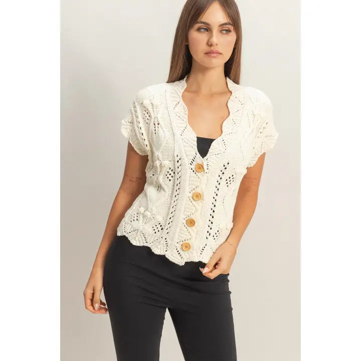 Cream Button-Front Crochet Sweater