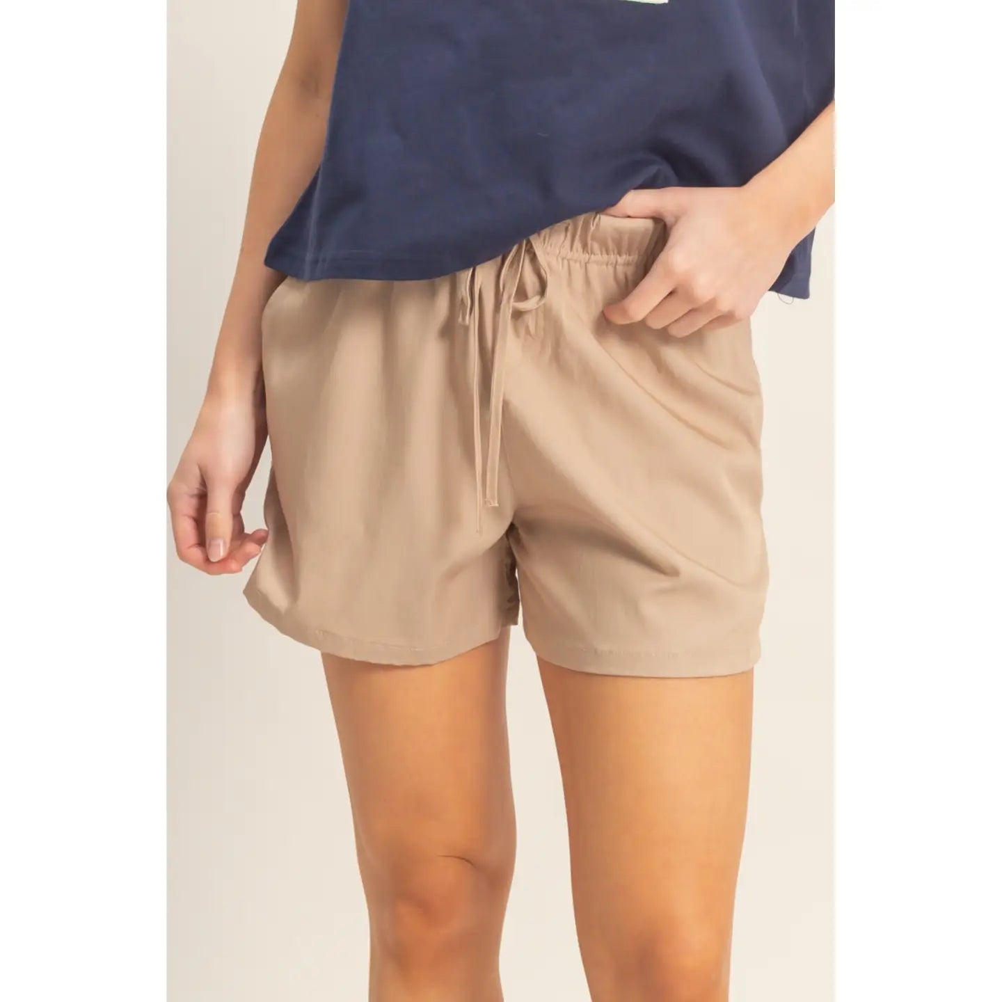 Warm Taupe Elastic Waist Drawstring Shorts