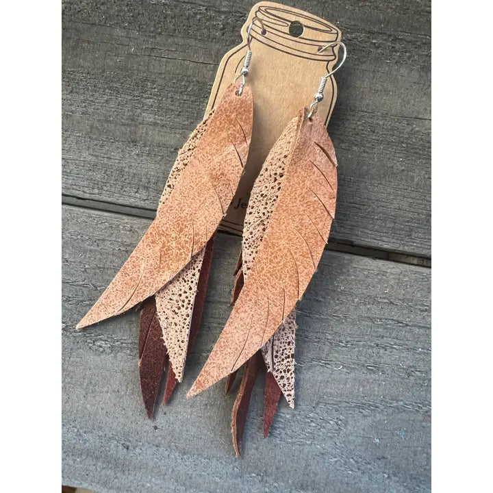 Brown Sparkle Western Fringe Feather Leather Earring