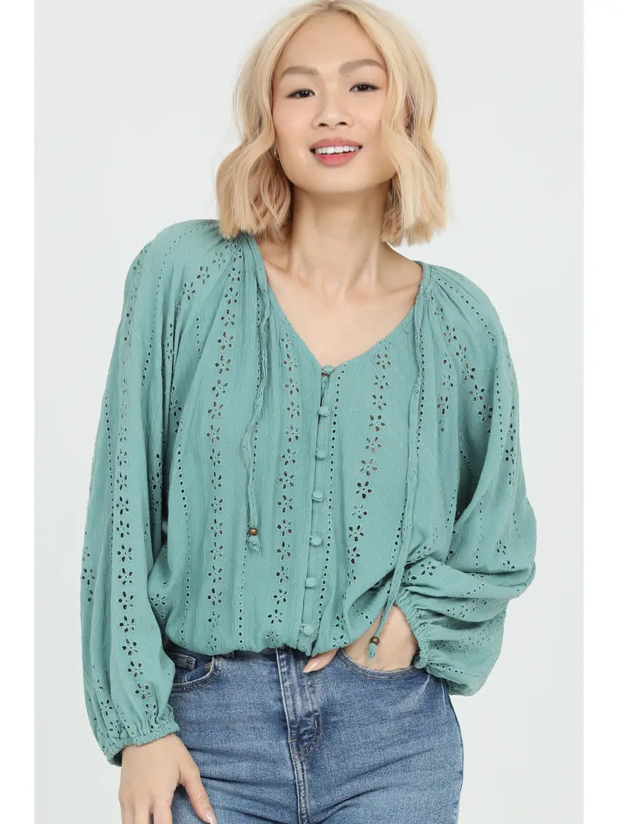 Sage Green Eyelet Embroidered Button Front Blouse