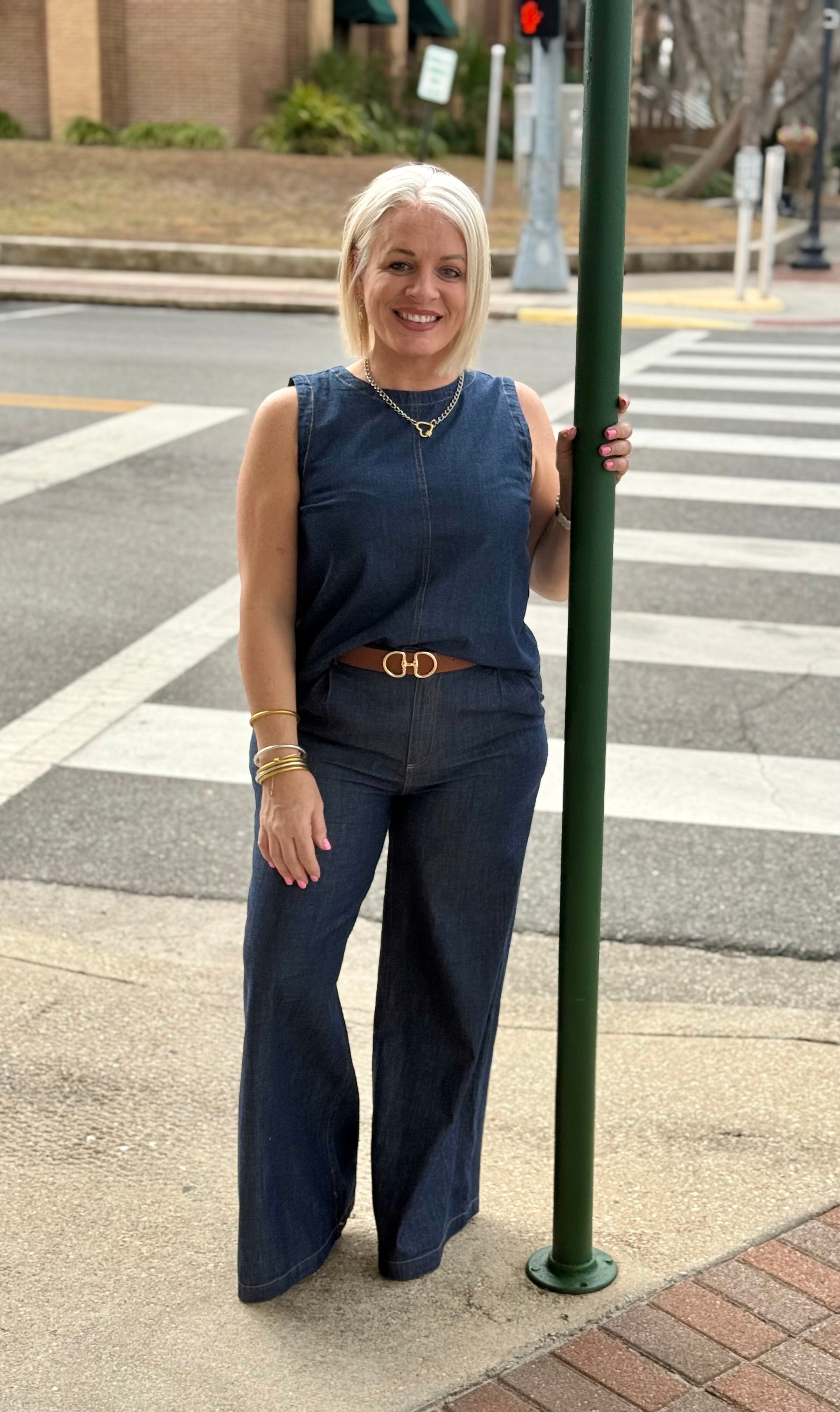 Juniors Dark Denim Top and Pleated Pant Set