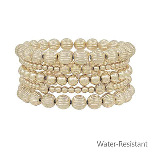 Water Resistant Set of 5 8mm, 5mm, and 3mm Textured Beaded Stretch Bracelets