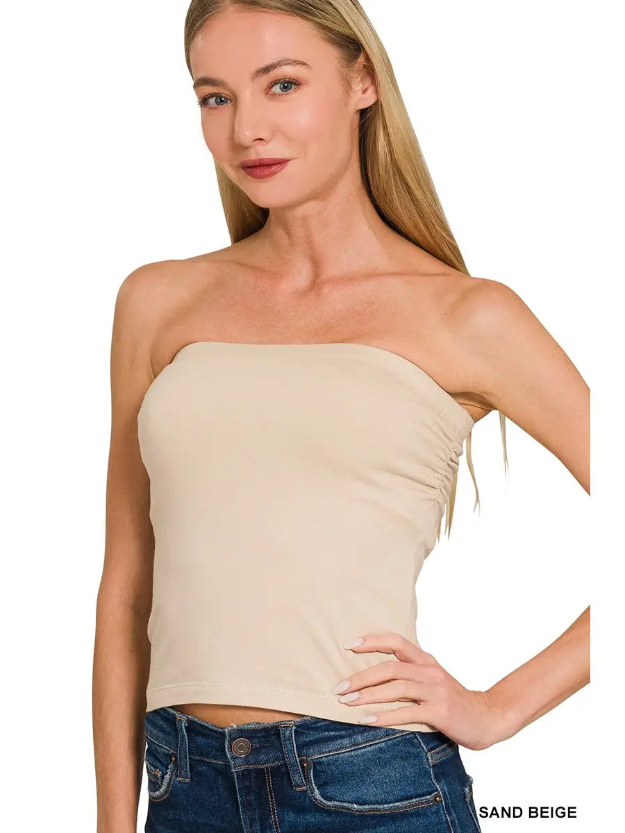 Sand Beige Cotton Tube Built-in Bra Top