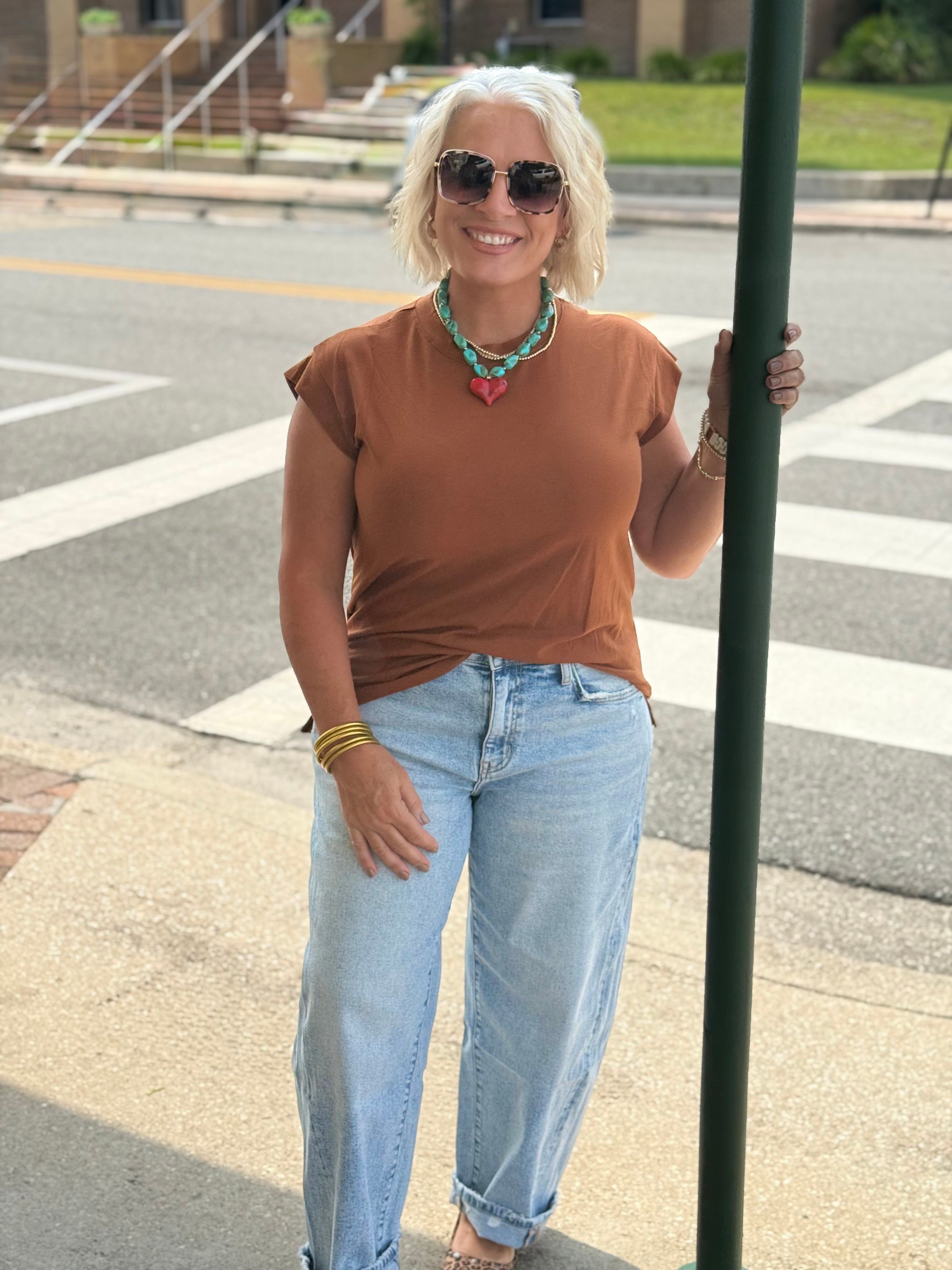 Rusty Brown Short Sleeve Solid Top