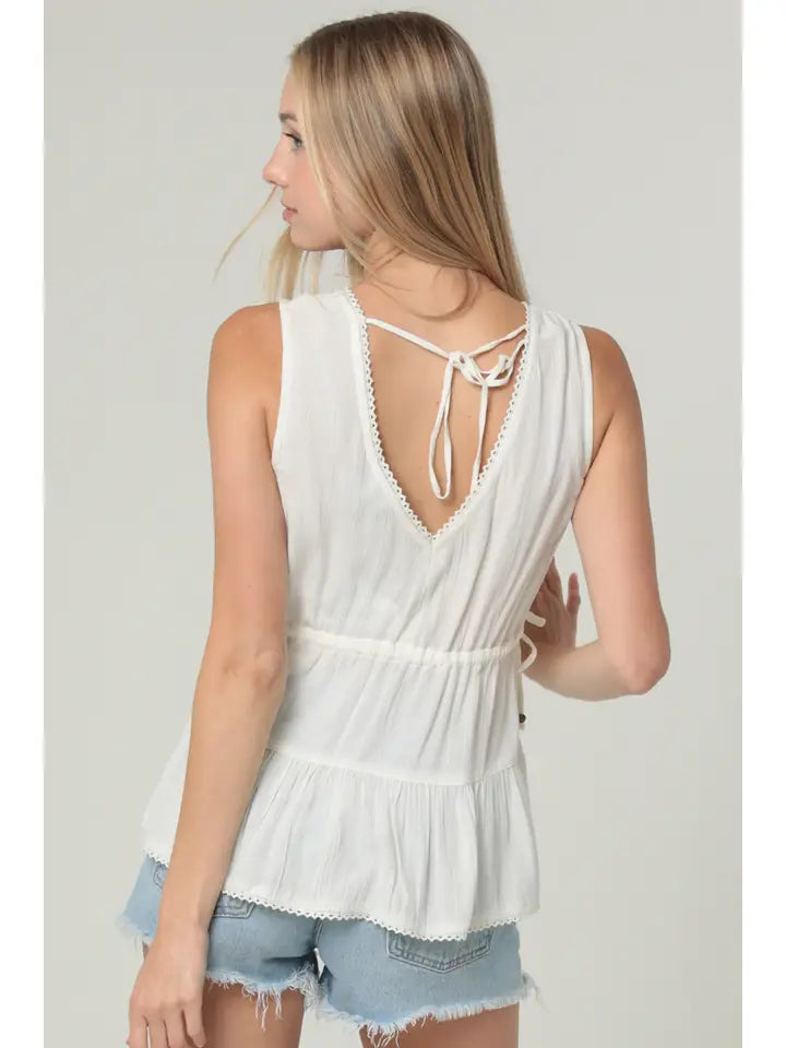 Embroidered V Neck Tank Top with Side Ties and Lac in Ivory