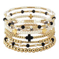 Gold Beaded with Pearl and Black Beaded Set of 7 Stretch Braclets