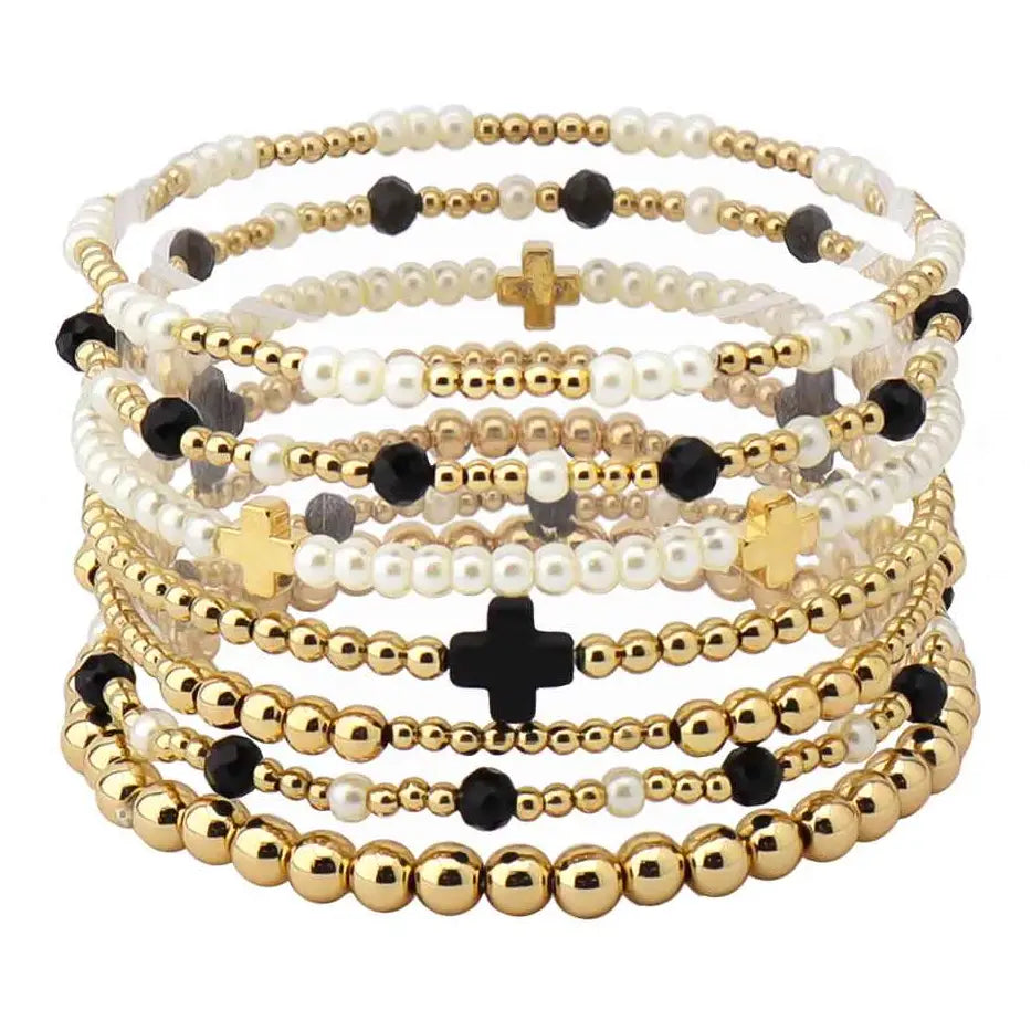 Gold Beaded with Pearl and Black Beaded Set of 7 Stretch Braclets