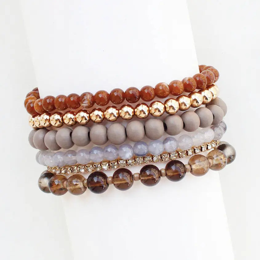 Set of 5 Brown and Grey Beaded Stretch Bracelets