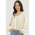 Ivory Lace Trims Button Front Long Sleeve Blouse