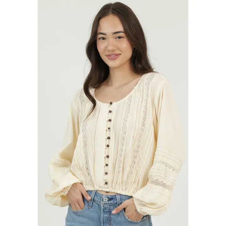 Ivory Lace Trims Button Front Long Sleeve Blouse