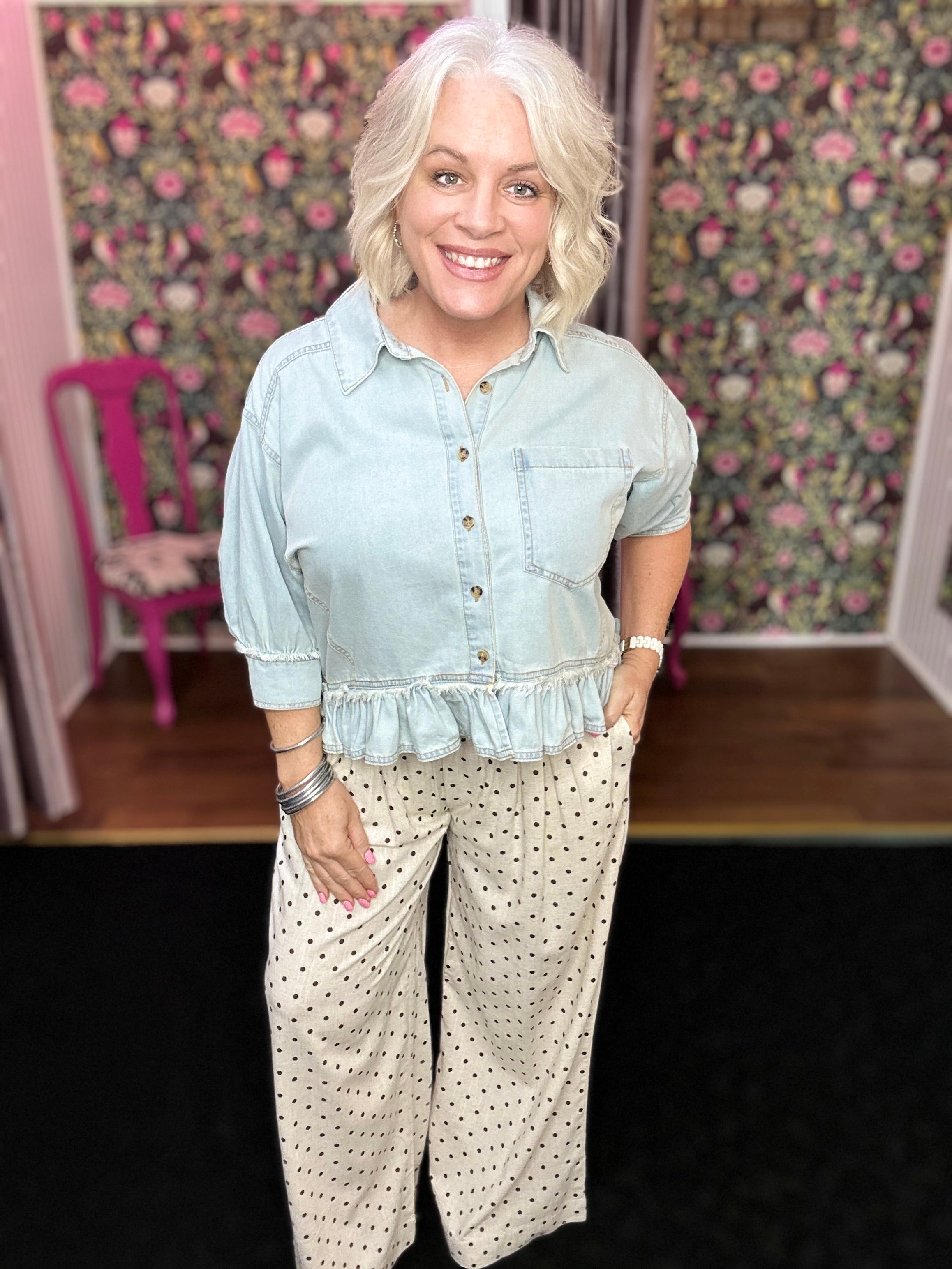 Polka Dot Elastic Wide-Leg Pants in Oatmeal