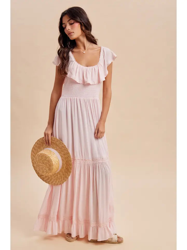 Pastel Pink Ruffled Flounce Collar Maxi Dress