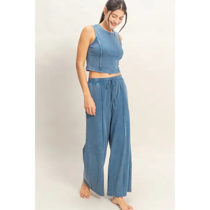 Navy Mineral Washed Sleeveless Top & Wide Leg Pants Set