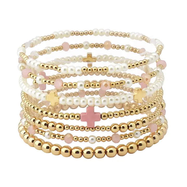 Set of 7 Pearl and Gold with Pink Cross Stretch Bracelet