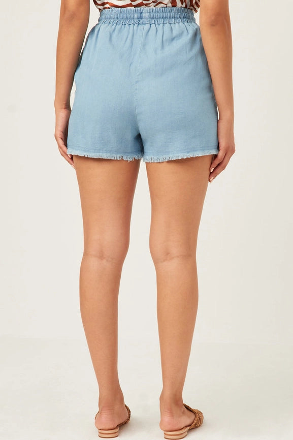 Light Denim  Distressed Hem Patch Pocket Shorts