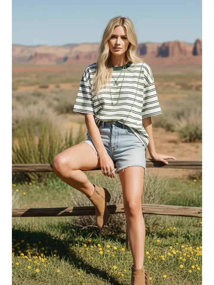 Cream Striped Oversized Short Sleeve Knit Top