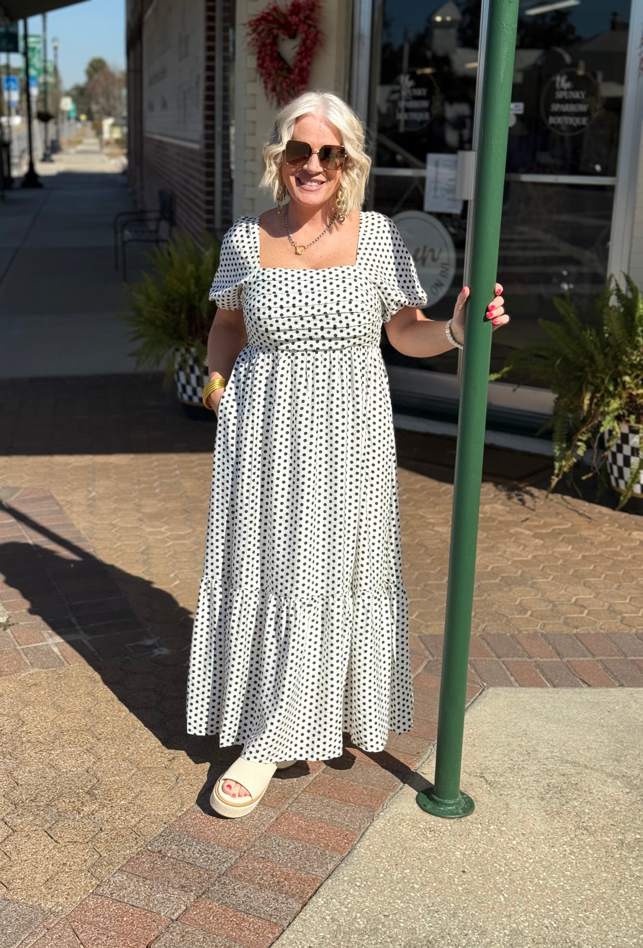 Pleated Polka Dot Maxi Dress