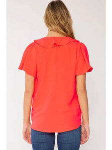ORANGE Ruffled V Neck Short Sleeves Solid Woven Top