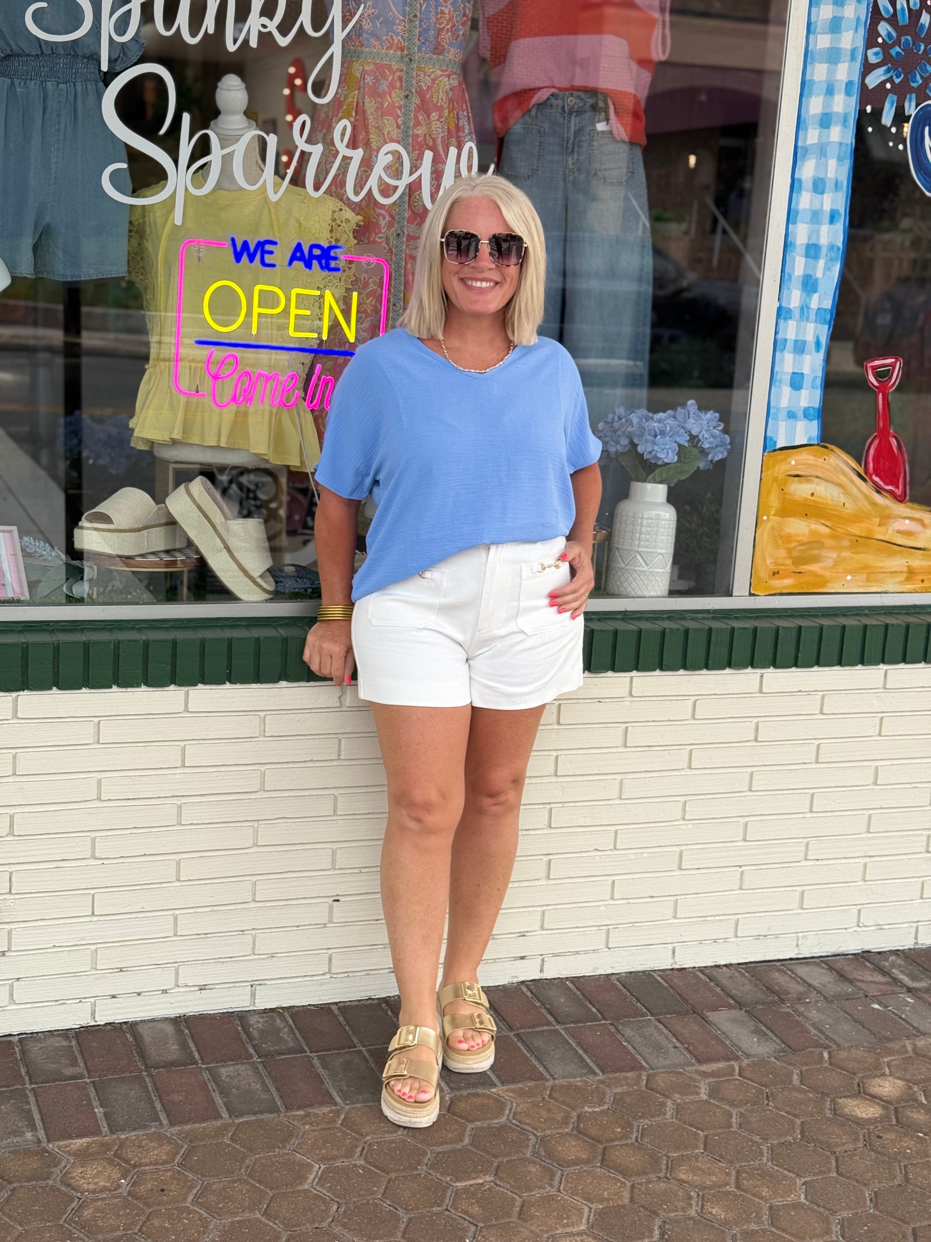 Cornflower Blue Woven Airflow V-neck Short Sleeve Top