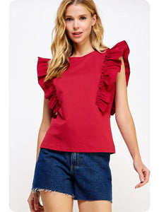 Poplin Ruffle Sleeveless Top in burgundy