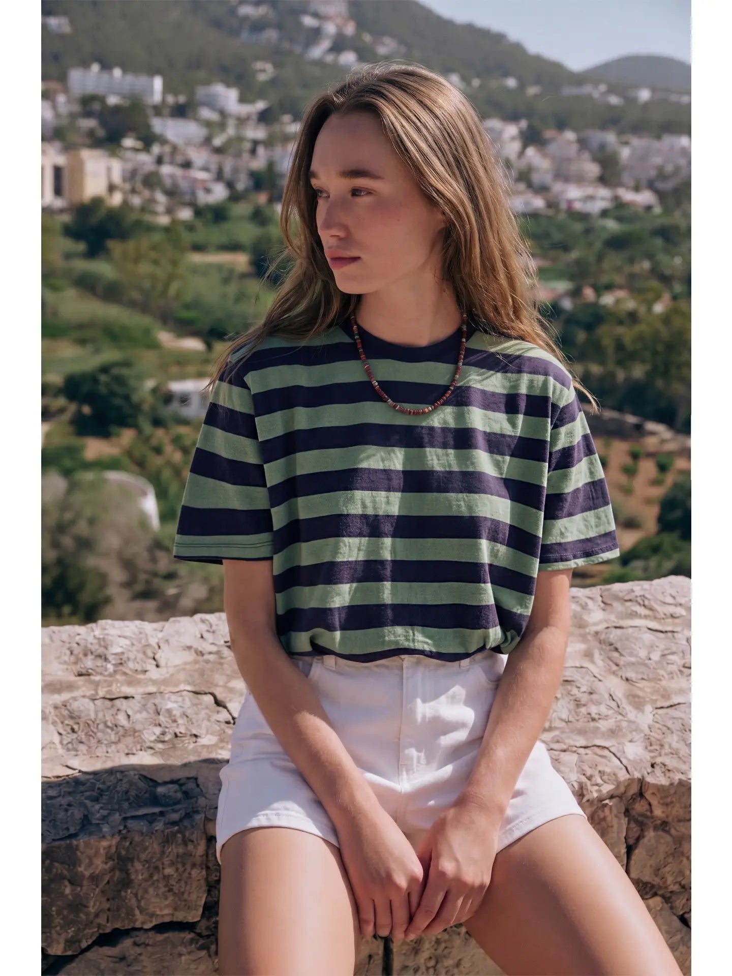 CROPPED BUBBLE STRIPE TOP IN NAVY + OLIVE