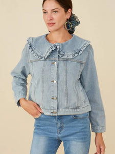 Womens Ruffle Collar Denim Jacke