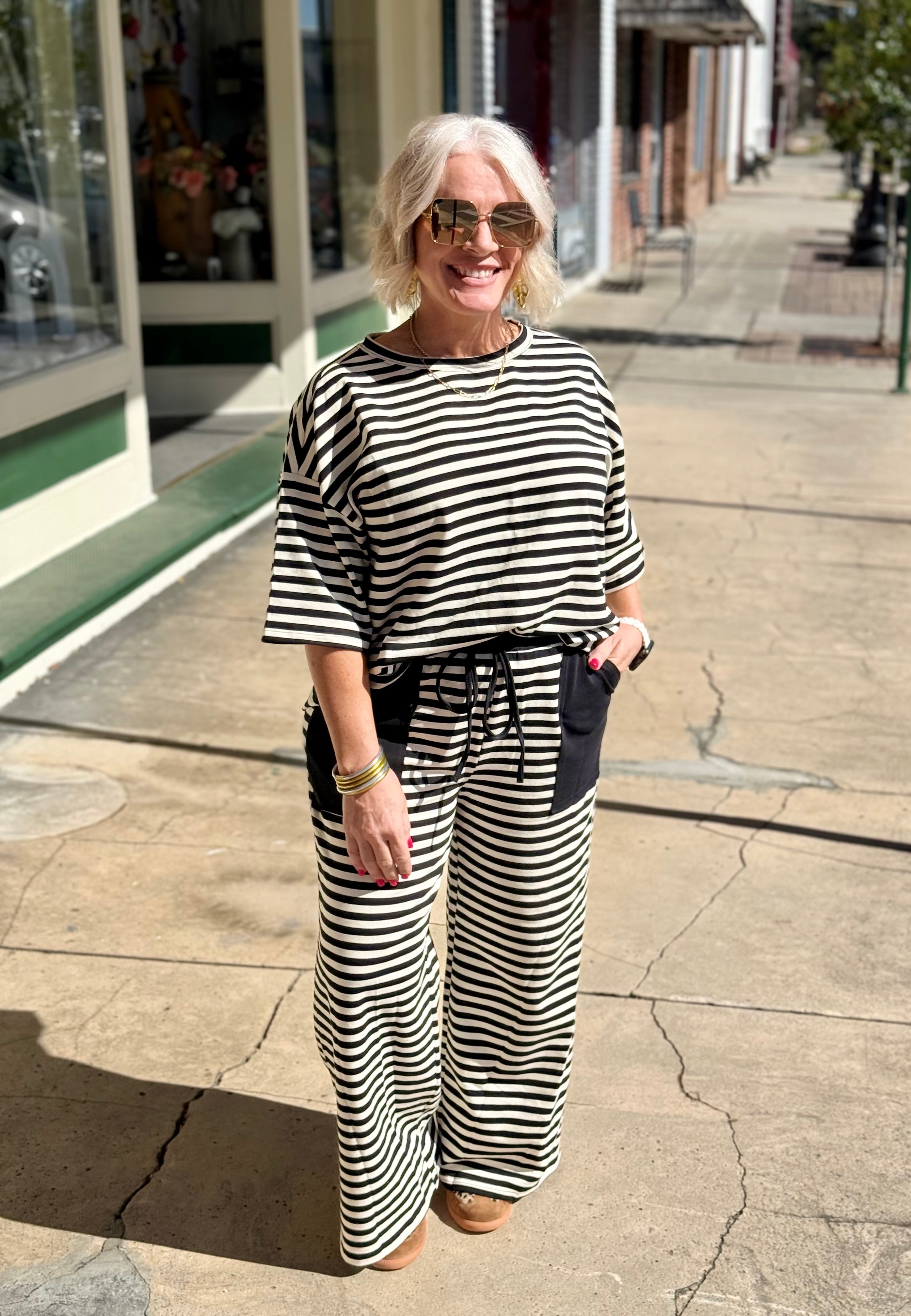 Striped Knit pants Set in Ivory and Black