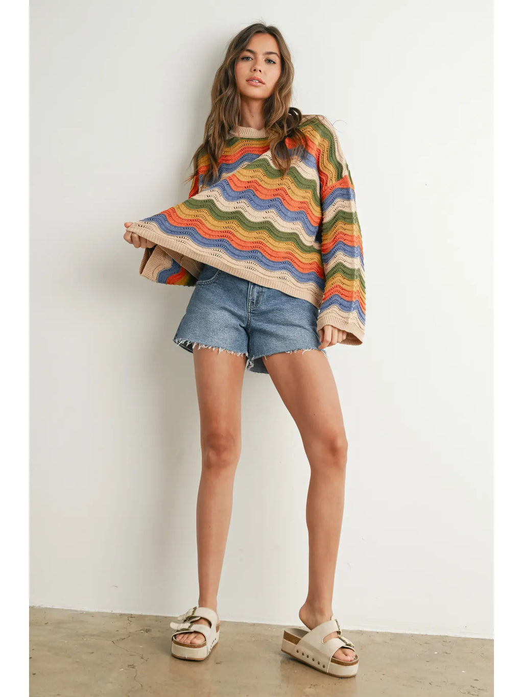 Multi Taupe Color Block Crochet Sweater
