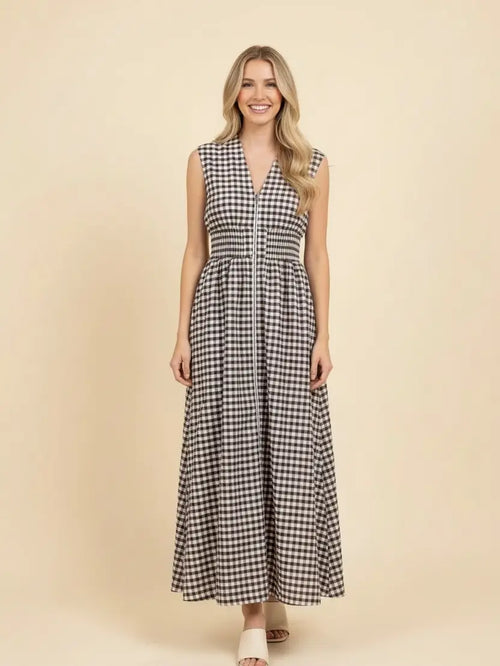 Brown Gingham Zip-Front Smocked Waist Maxi Dress