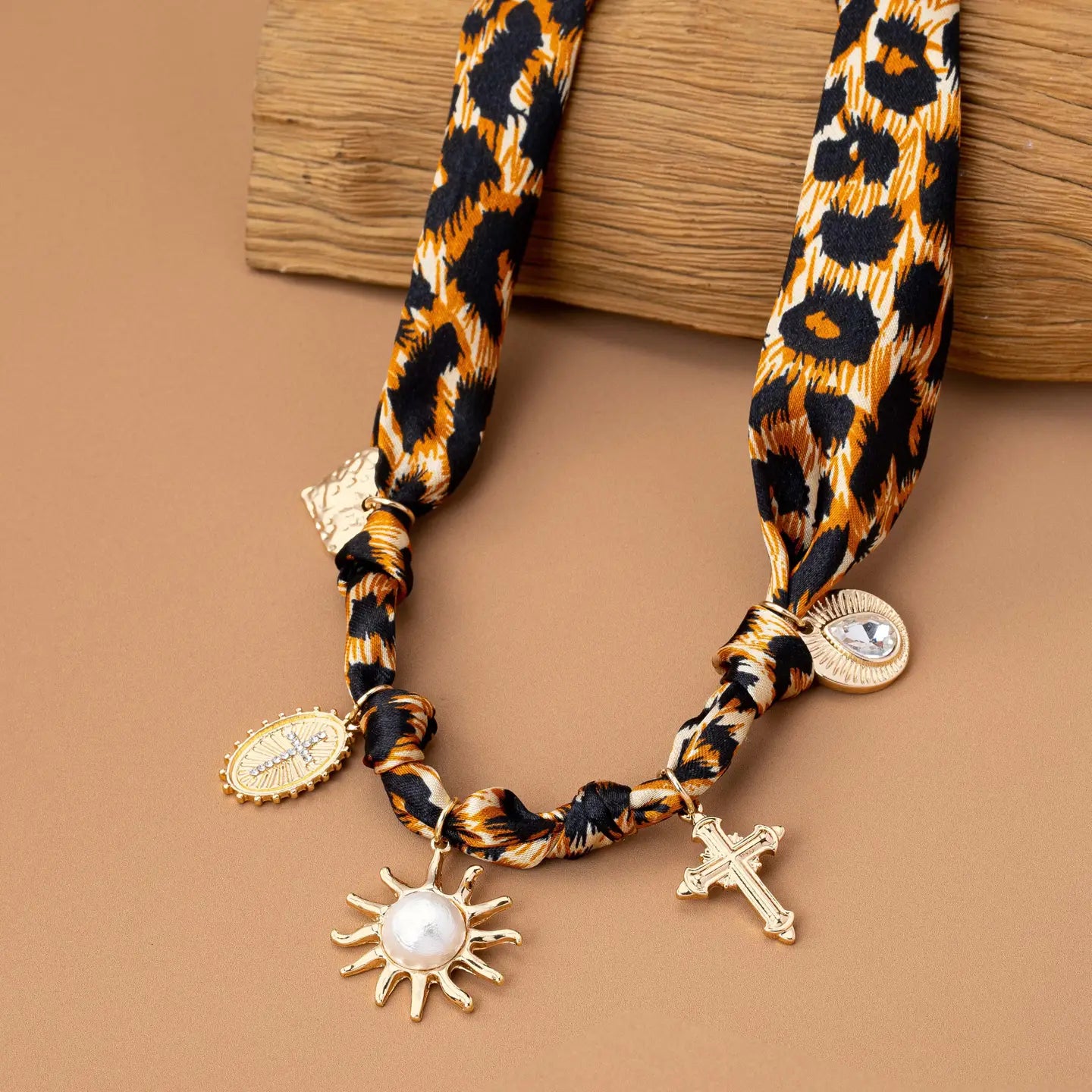 Leopard Charm Necklace-Heart Sun Cross Rhinestone