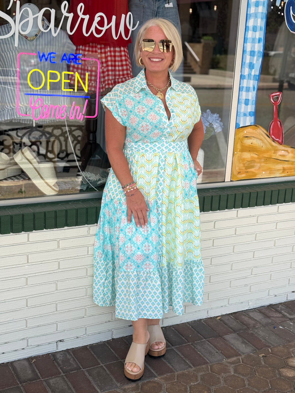 Multi Mixed Print Tiered Shirt Dress