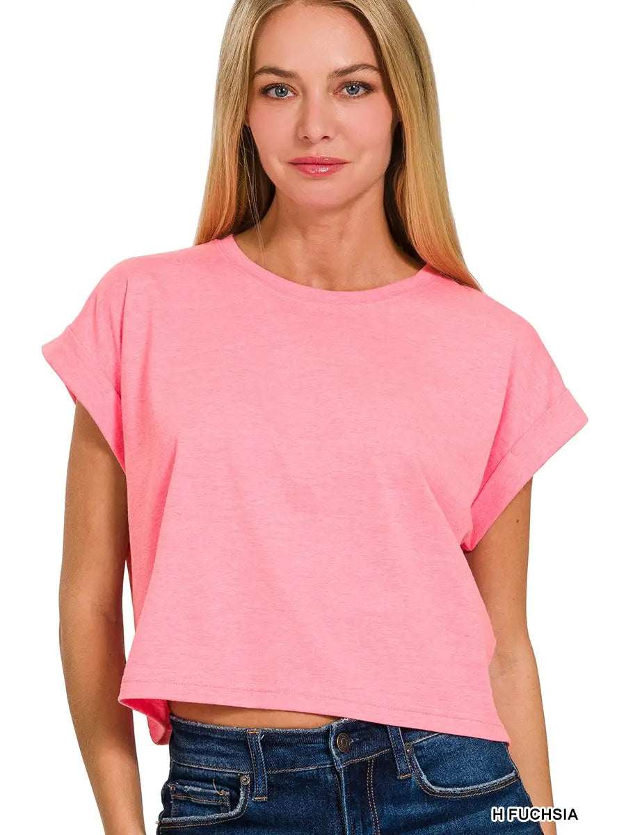 Fuchsia Cotton Folded Sleeve Top