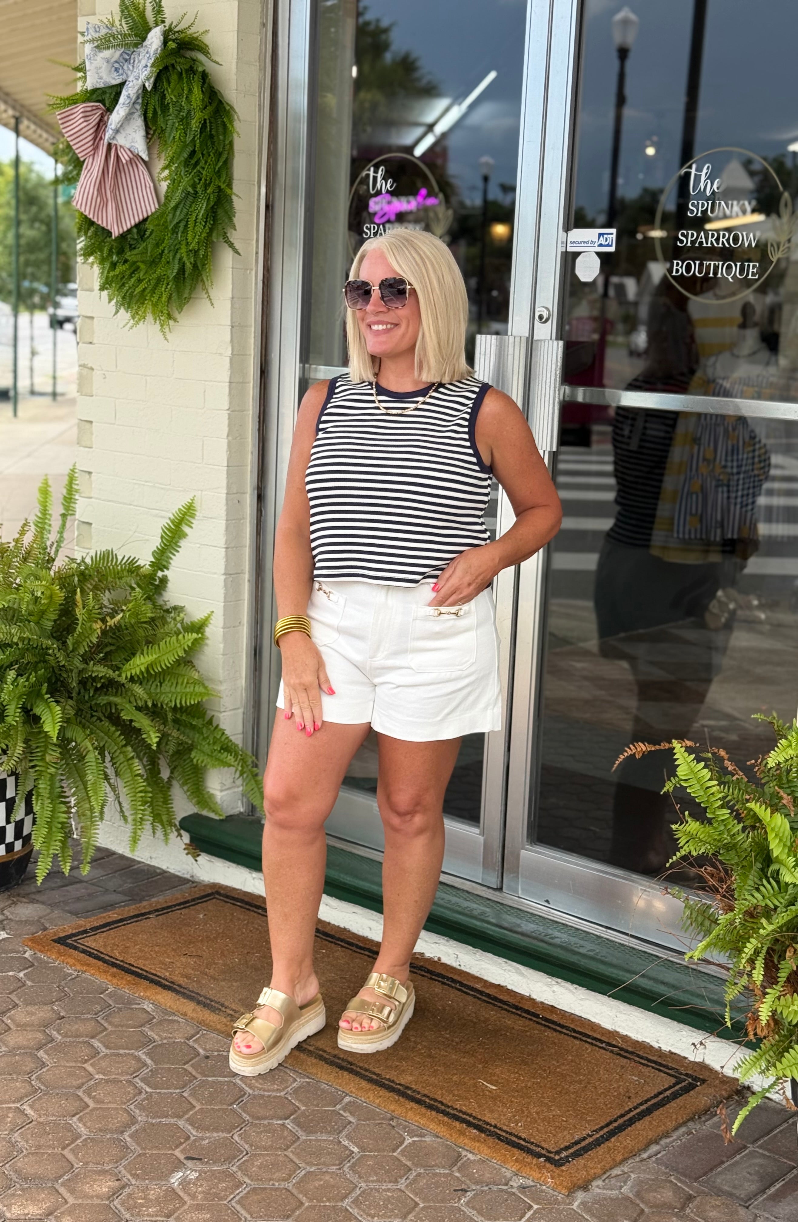 Navy Striped Ribbed Sleeveless Top