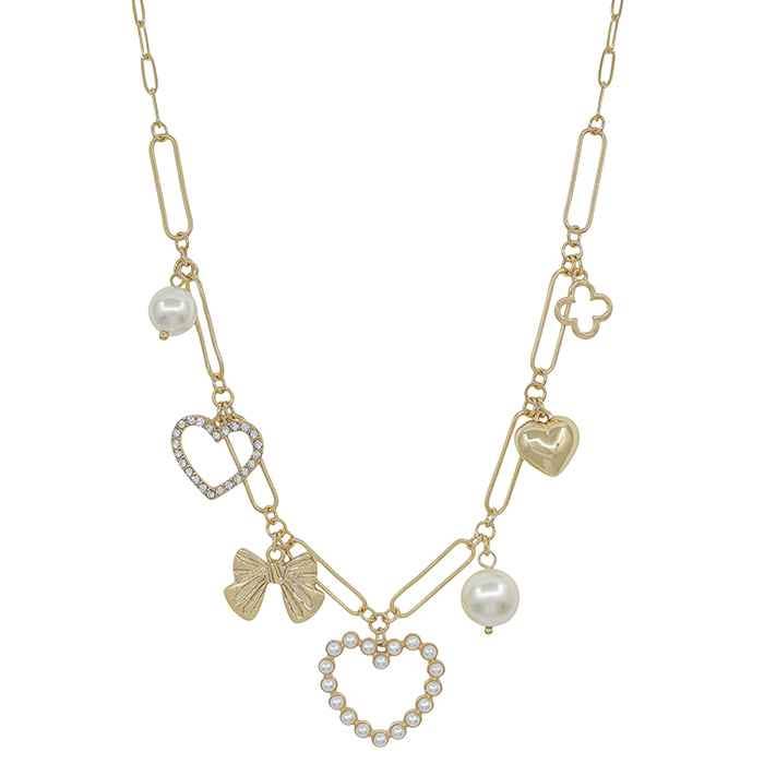 Gold Pearl Heart, Bow, and Pearl Multi Charm 16