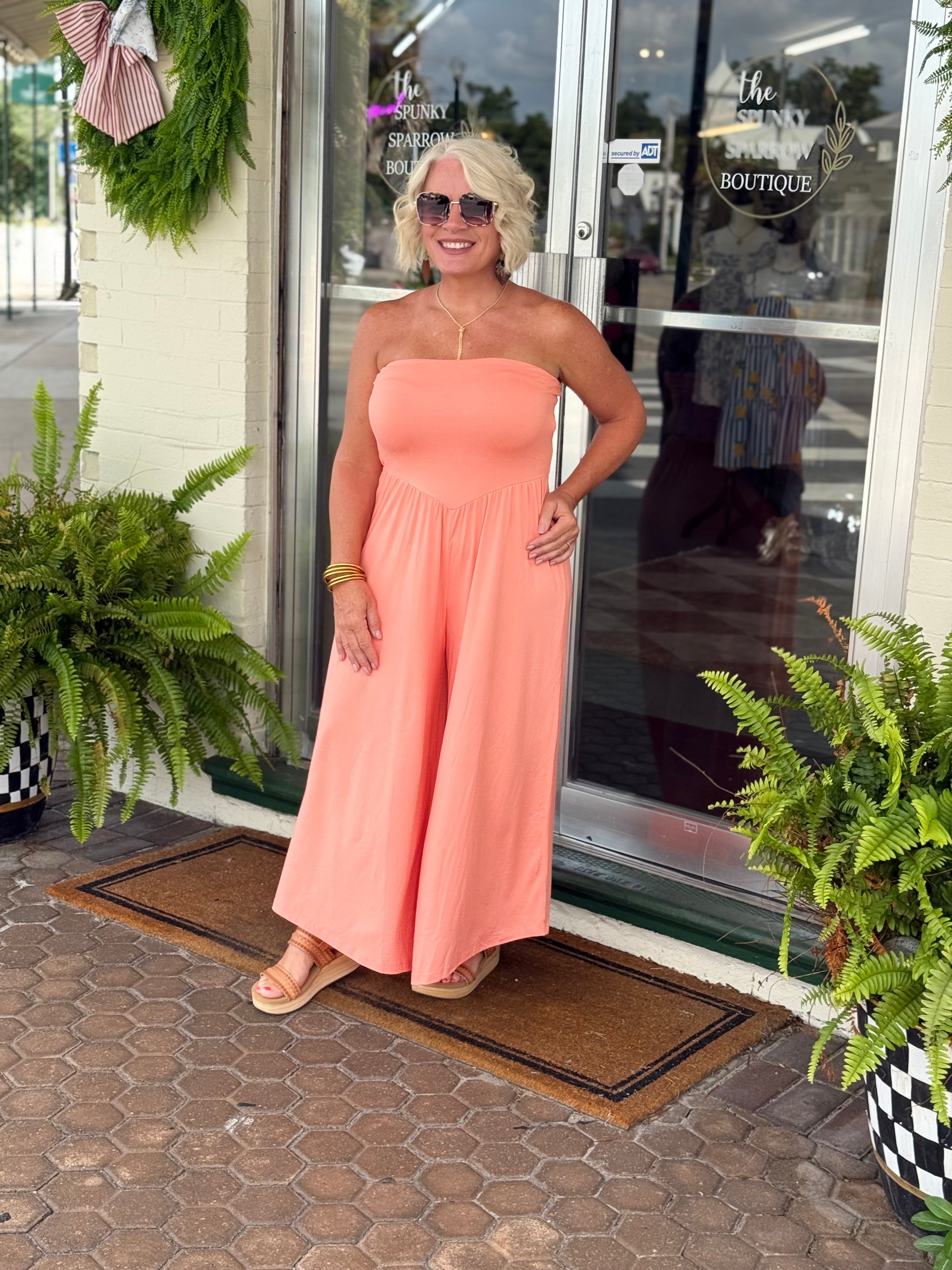 Coral Tube Strapless Flare Jumpsuit