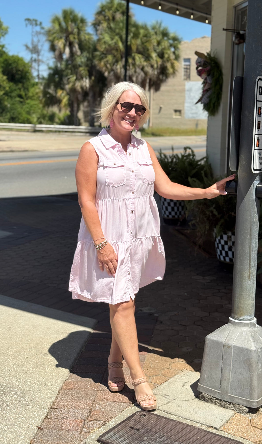 Pink Sleeveless Pocket Detail Button Down Dress