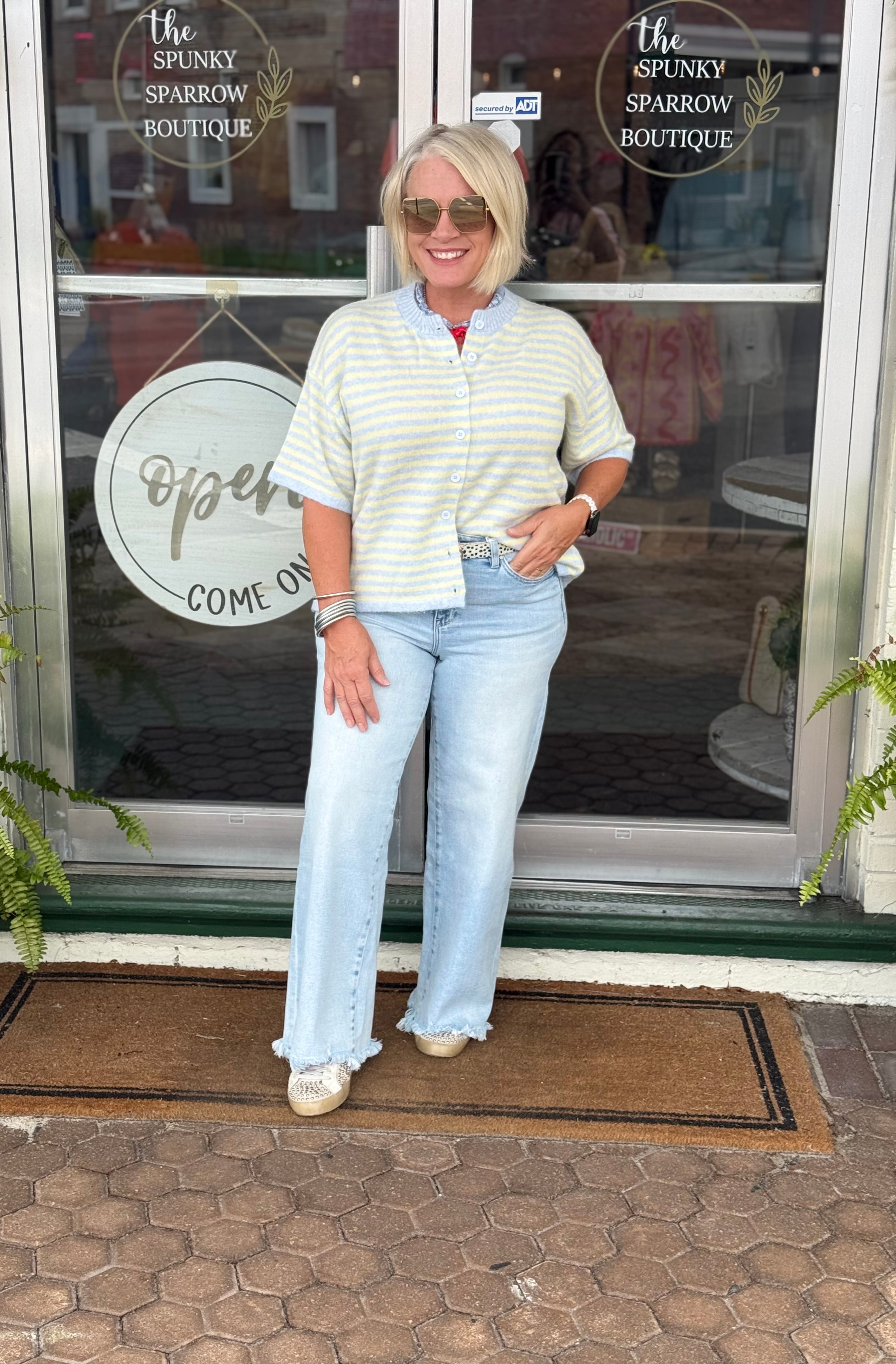 Light Blue and Yellow Striped Short Sleeve Sweater Cardigan