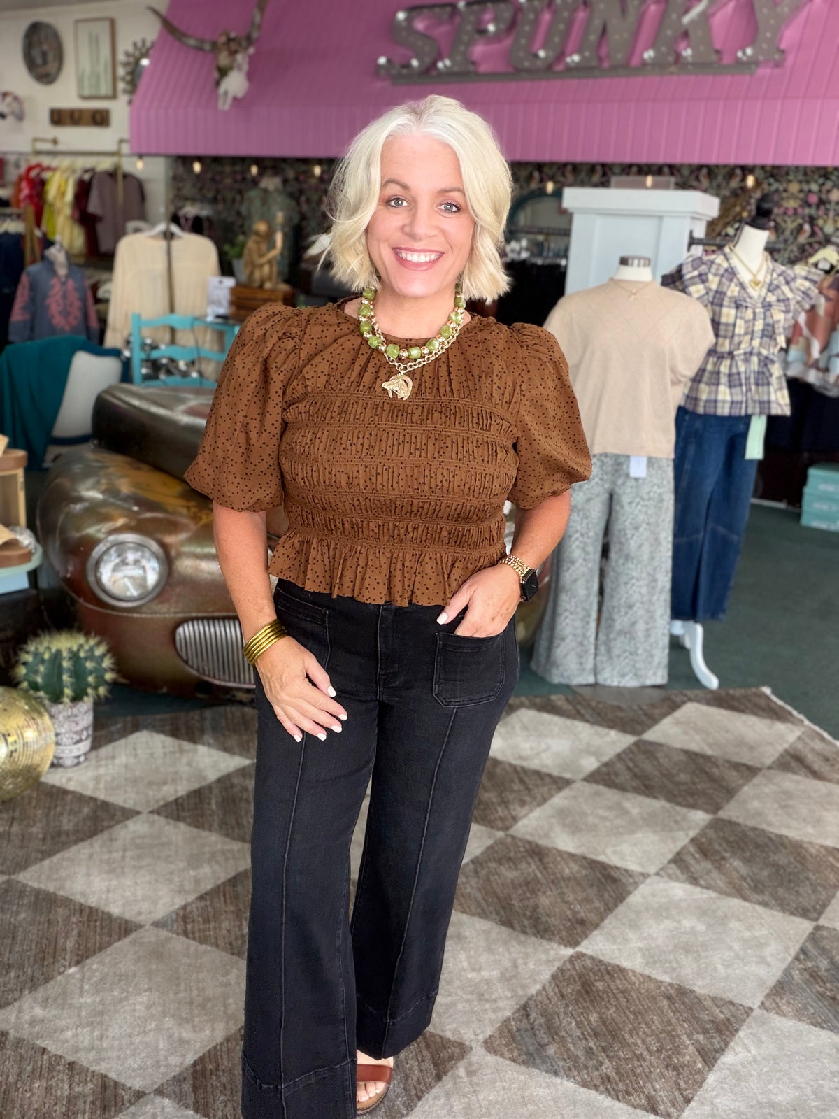 Toffee Smocked Polka Dot Top