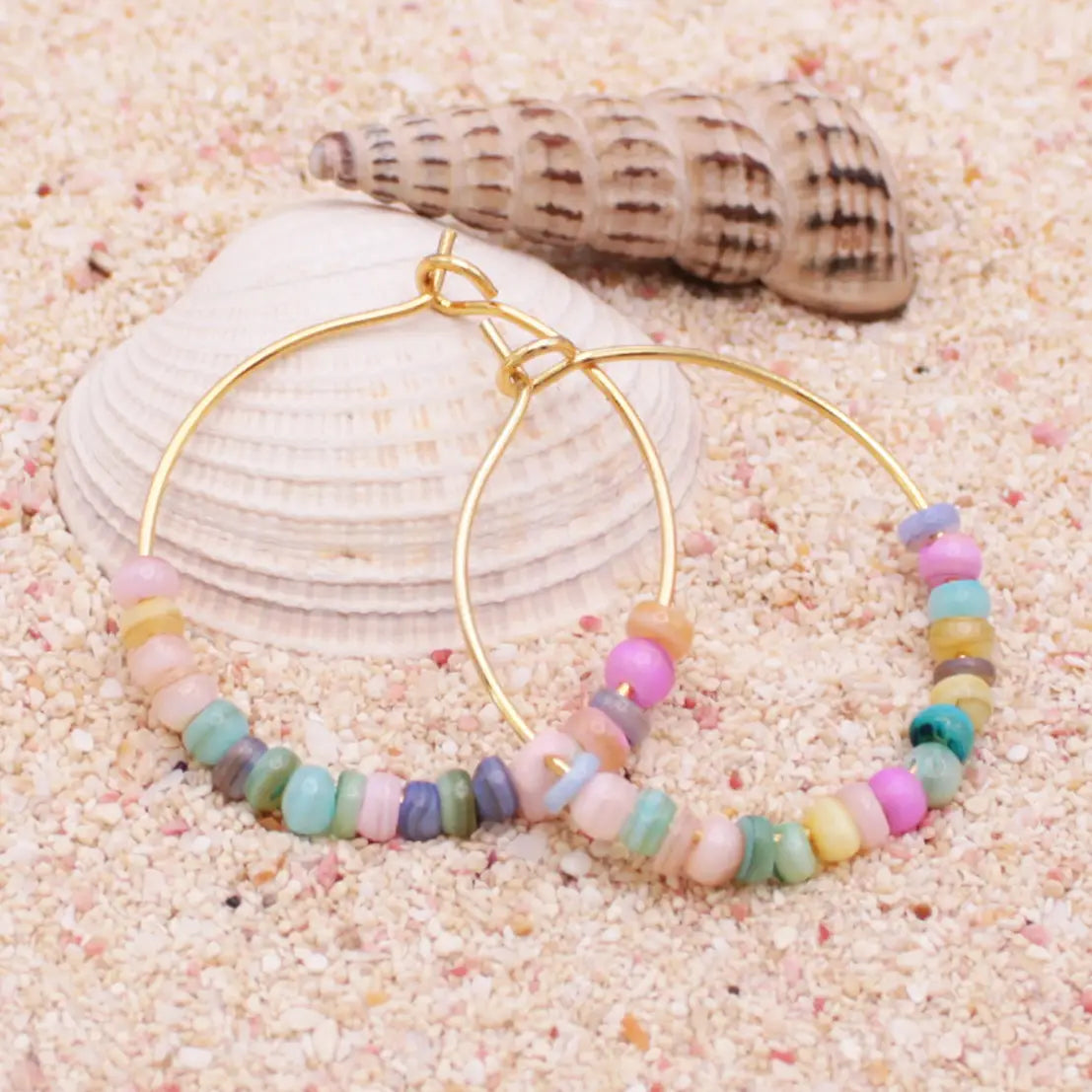 Beach Days Multi Bead Gold Hoop Earrings