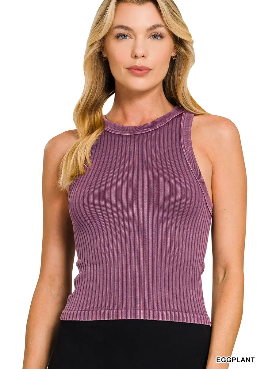Eggplant Ribbed Washed Seamless Tank Top