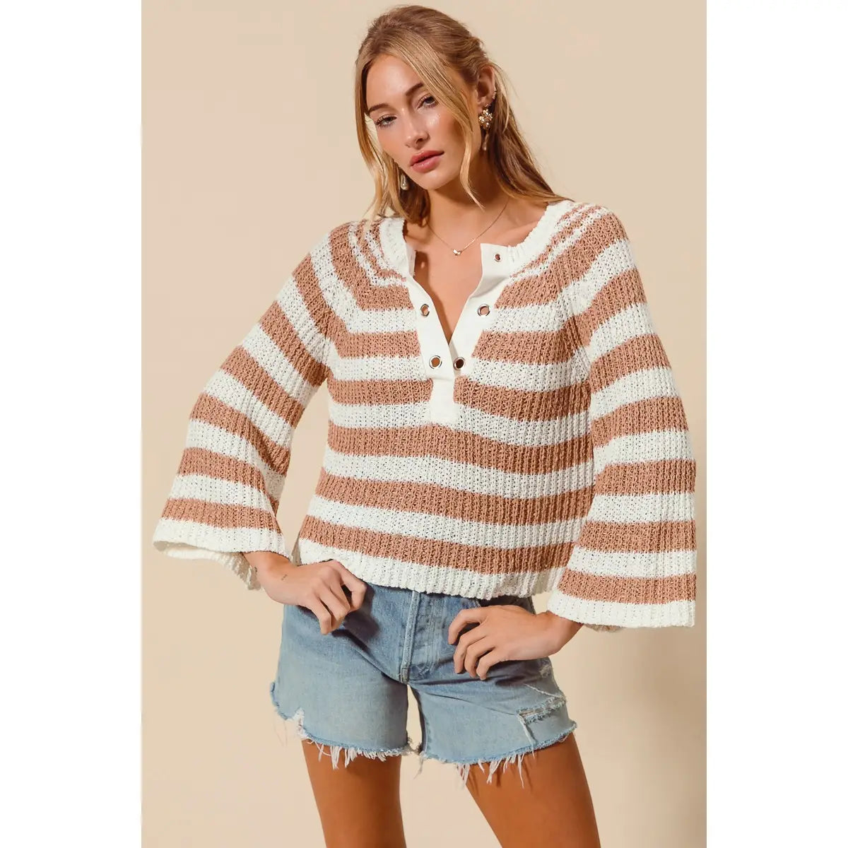 Taupe and Ivory Eyelet Placket Stripe Sweater Top