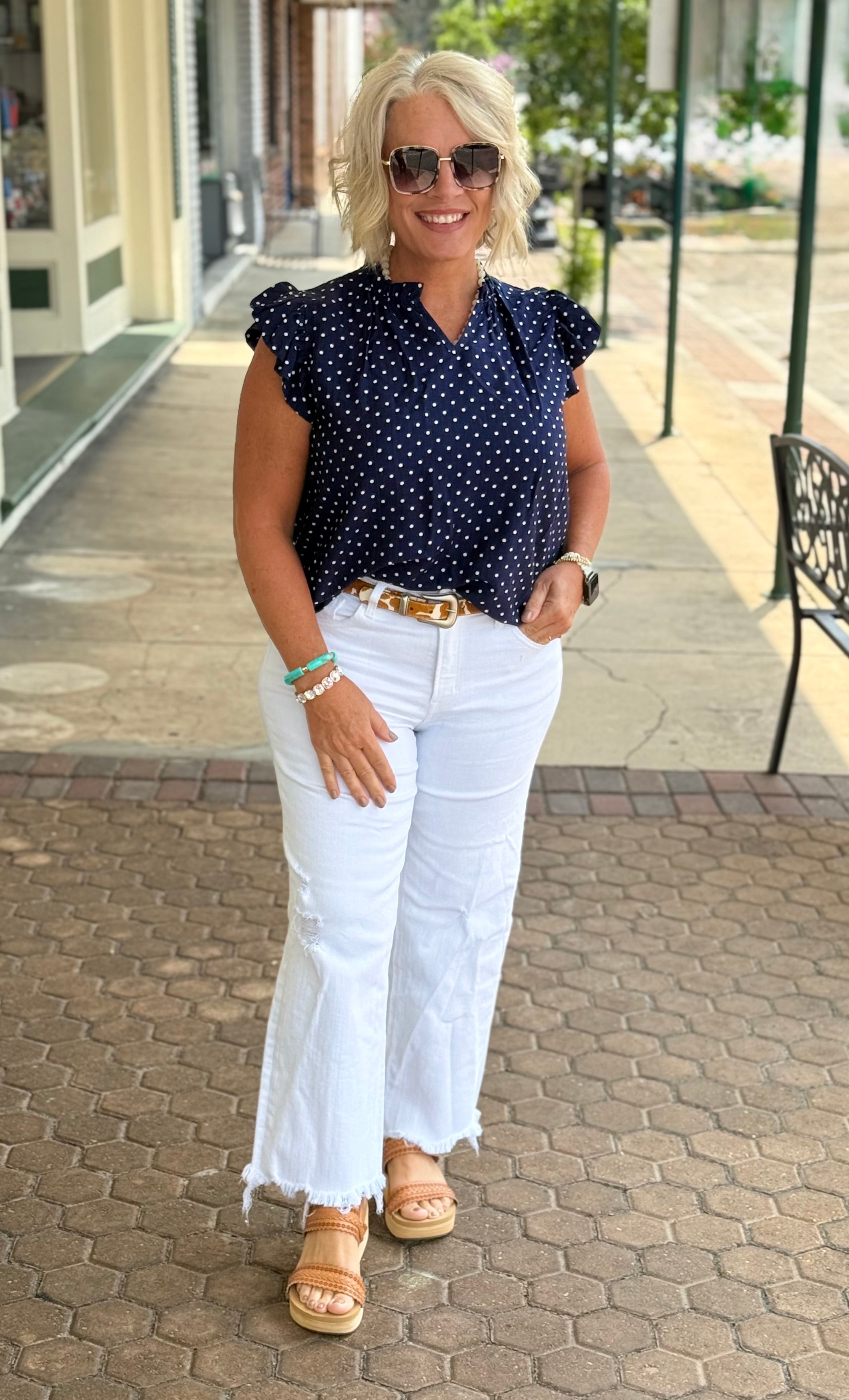 Navy Ruffle Sleeve Polka Dot Blouse