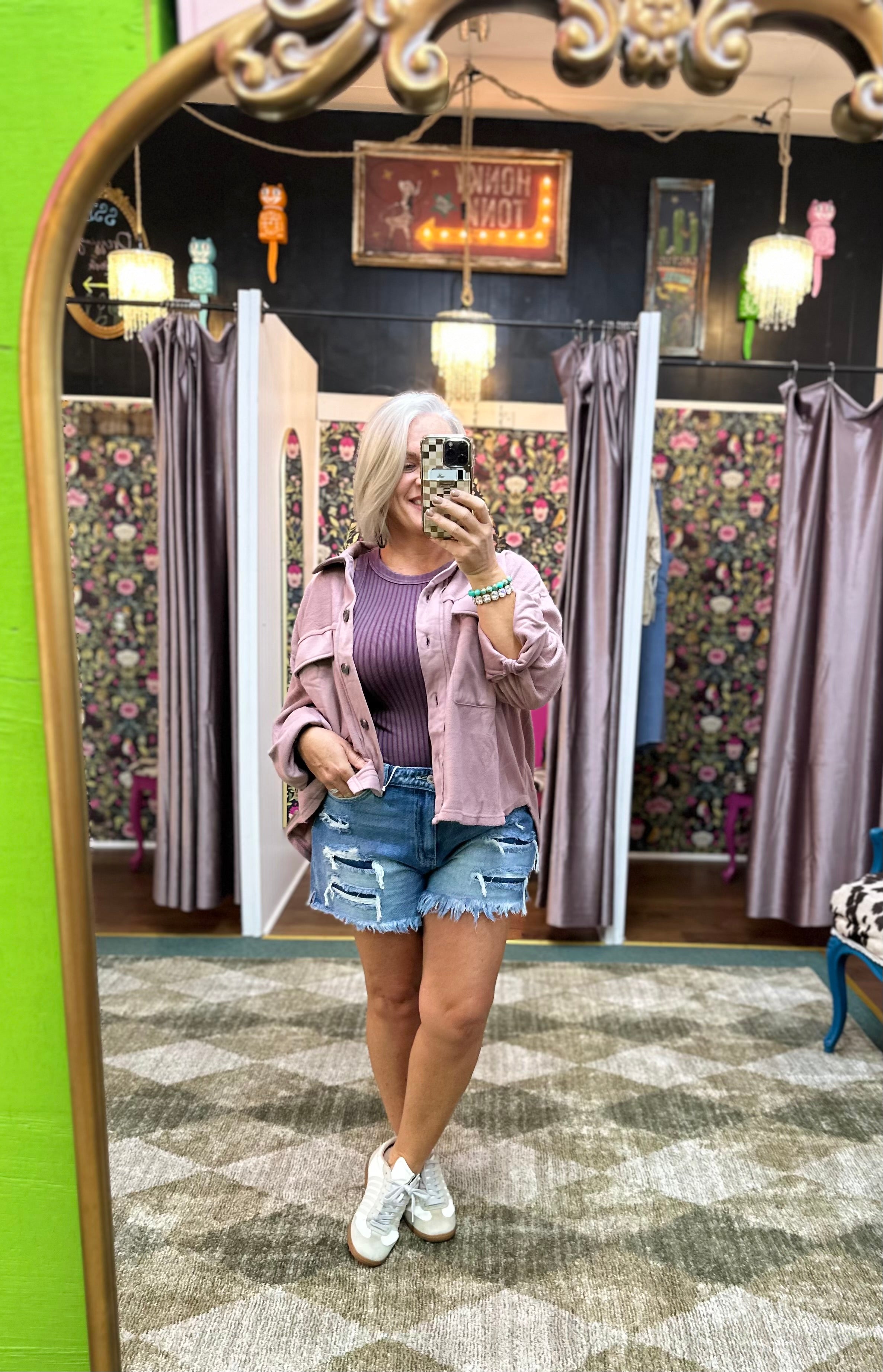 Mauve Loose Fit Button Down Long Sleeve Fleece Shacket