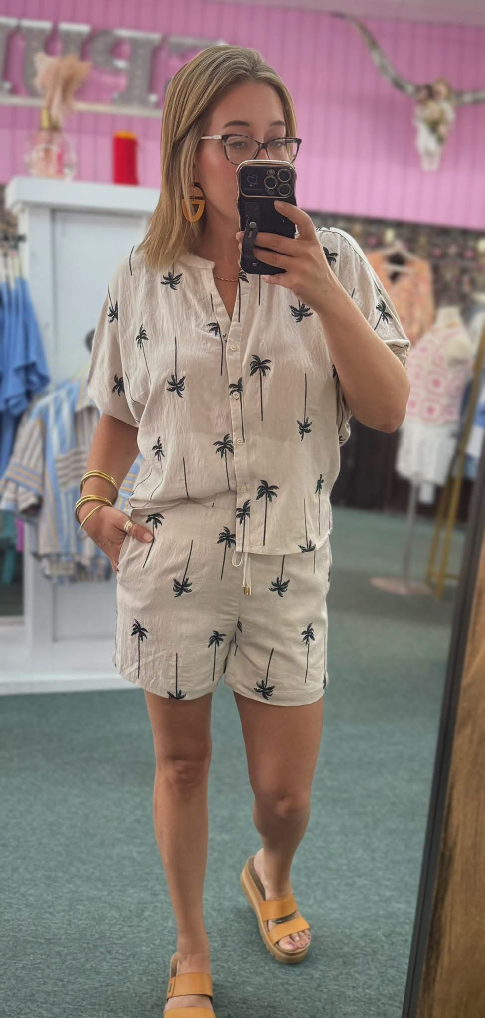 Draped Embroidered Palm Tree Dolman SHORTS SET