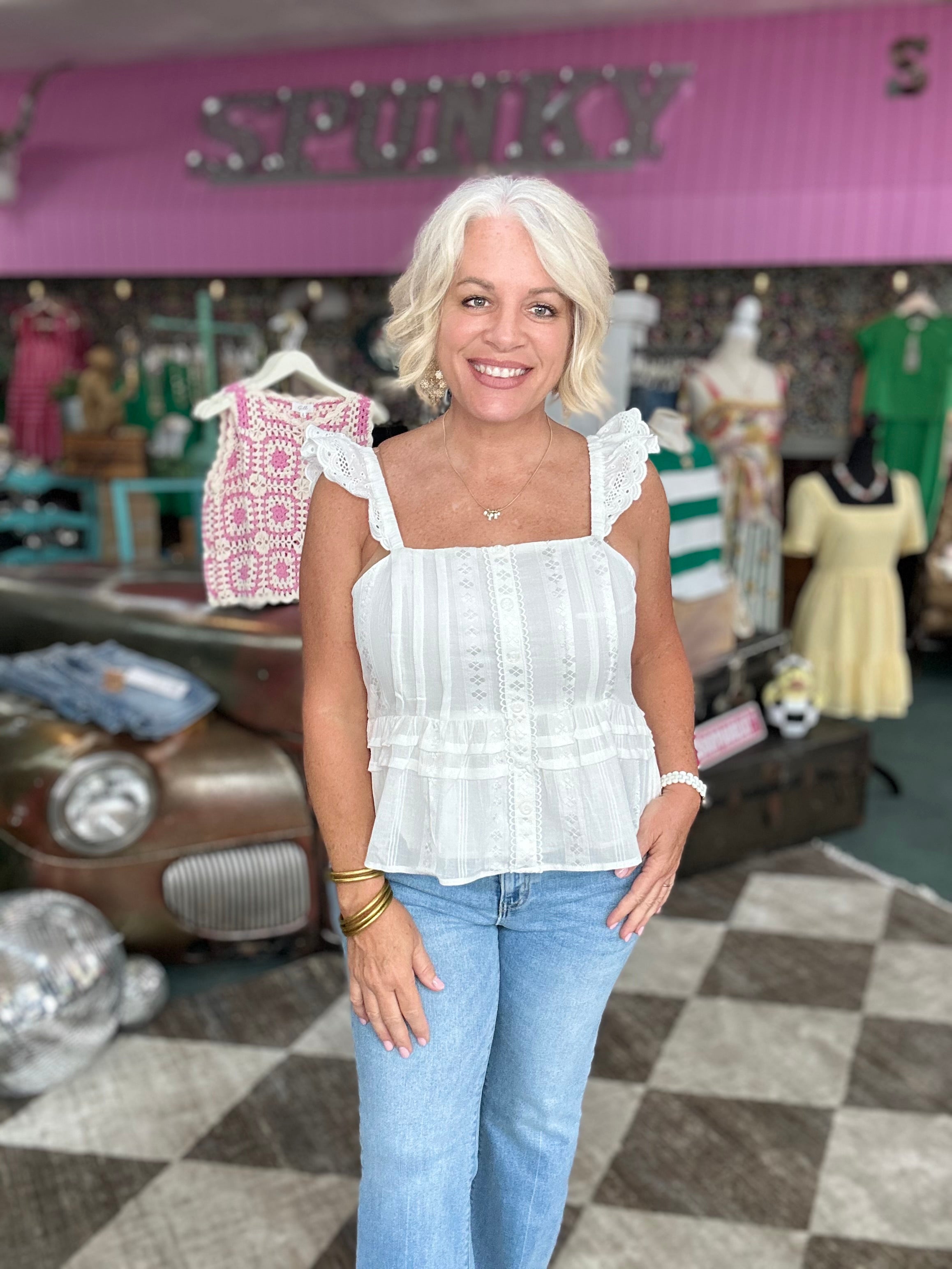 White Eyelet Flutter Sleeve Peplum Top