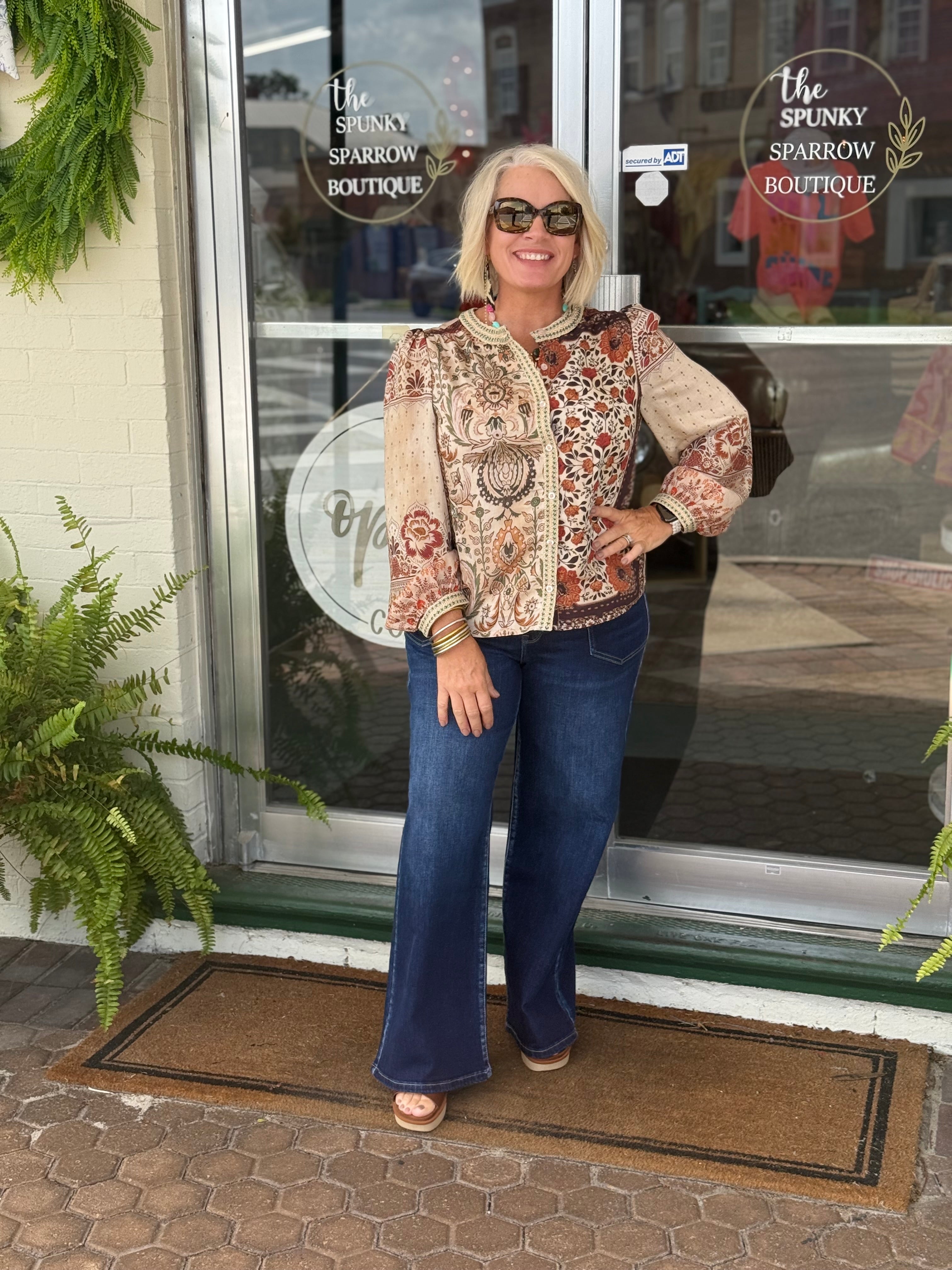 Mocha Floral Patchwork Print Crochet Trim Button Down Top