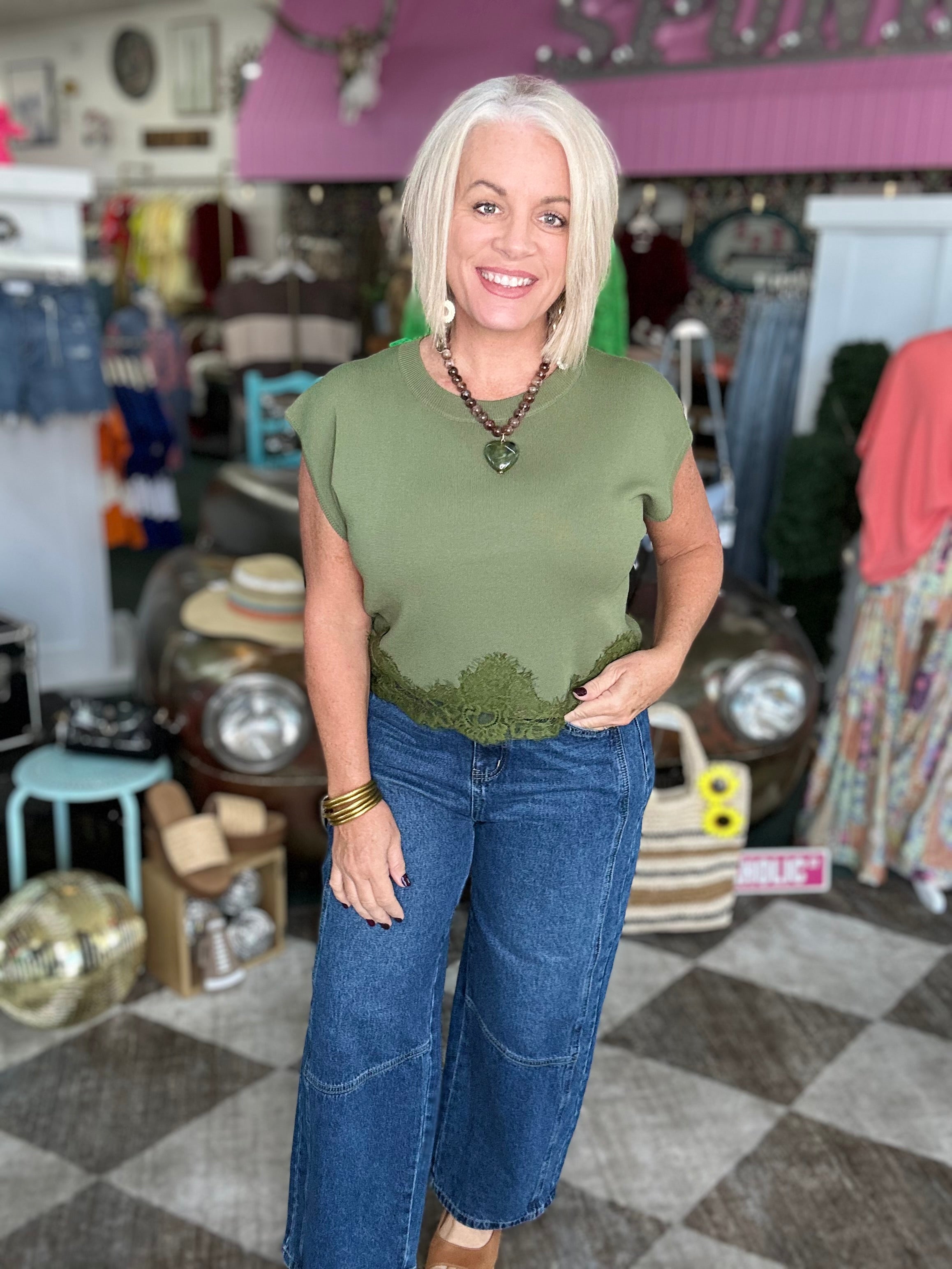 OLIVE LACE TRIM TOP