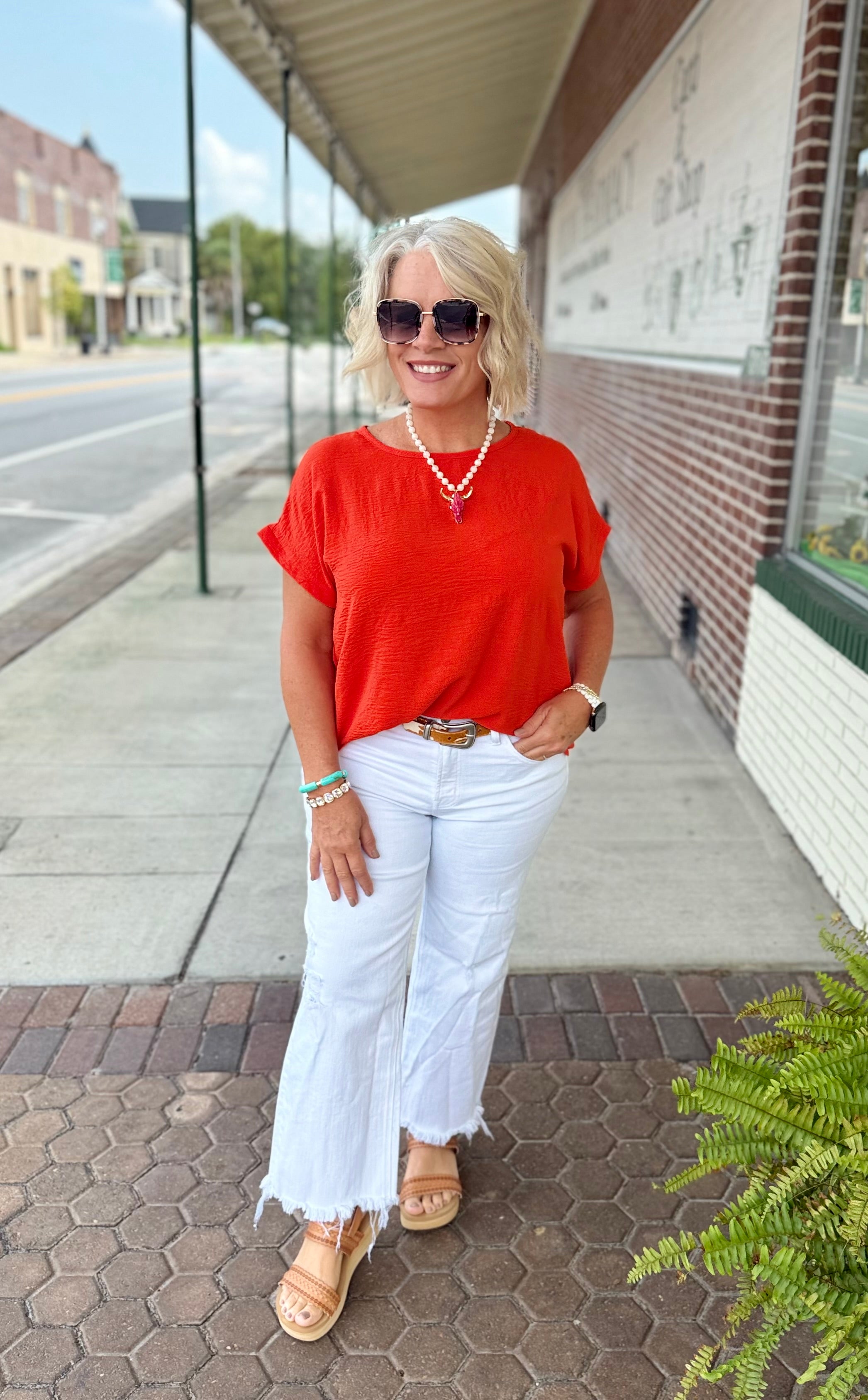 Sunset Airflow Round Neck Dolman Short Sleeve Woven Top
